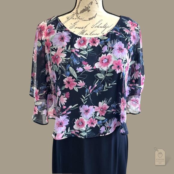 Navy Sheath Dress with Floral Chiffon Cape Overlay Size 6 Special Occasion - Picture 2 of 7